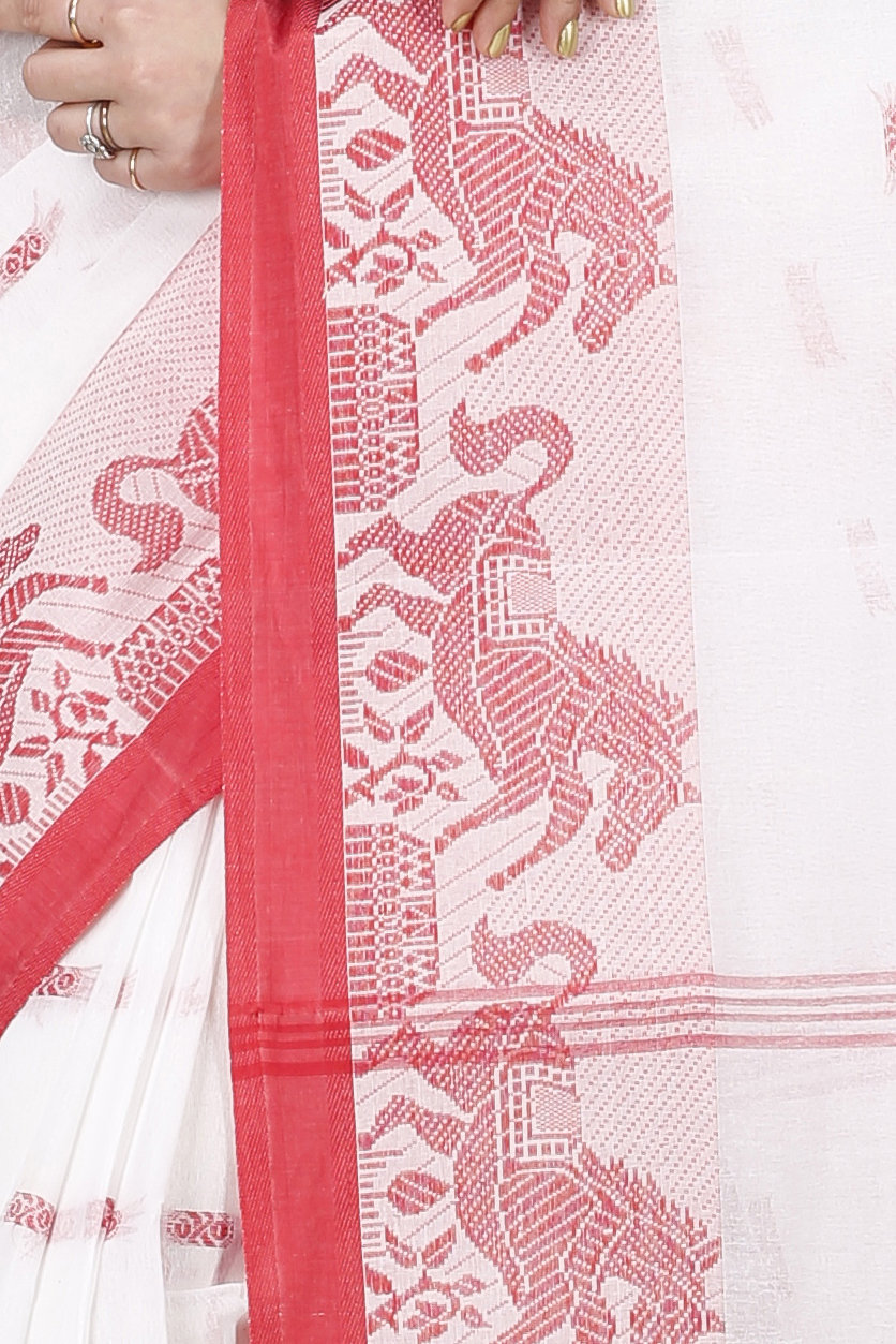 White Red Pure Cotton Indrani Tant Saree (1019)